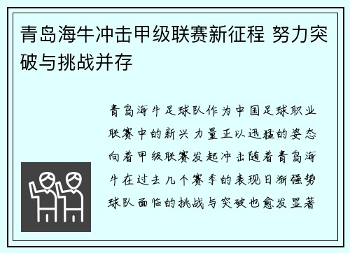 青岛海牛冲击甲级联赛新征程 努力突破与挑战并存