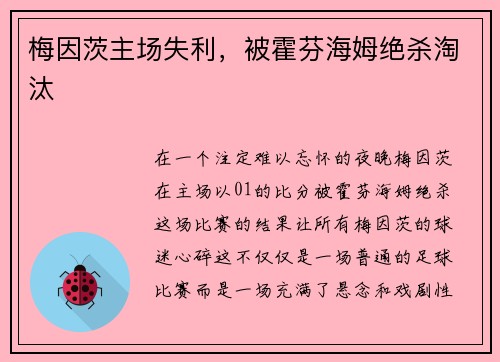 梅因茨主场失利，被霍芬海姆绝杀淘汰