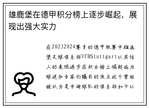 雄鹿堡在德甲积分榜上逐步崛起，展现出强大实力