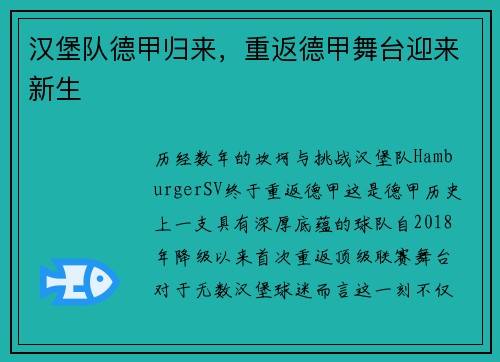 汉堡队德甲归来，重返德甲舞台迎来新生