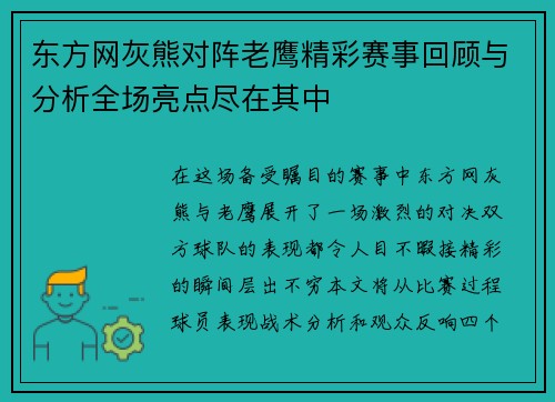 东方网灰熊对阵老鹰精彩赛事回顾与分析全场亮点尽在其中
